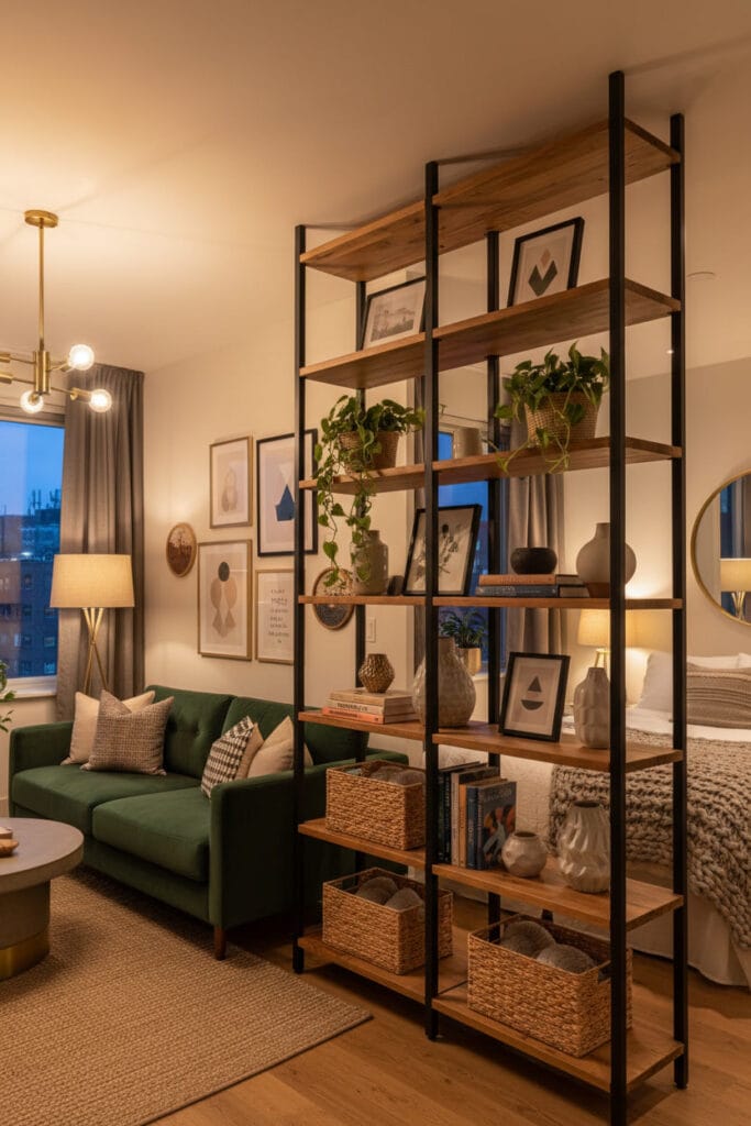 Studio aménagé avec des étagères ouvertes pour séparer les espaces sans cloison