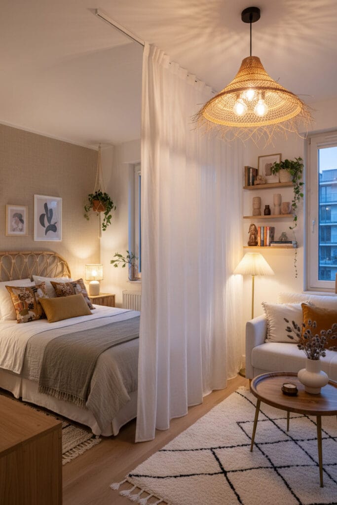 Studio avec rideau textile créant une séparation douce entre les espaces