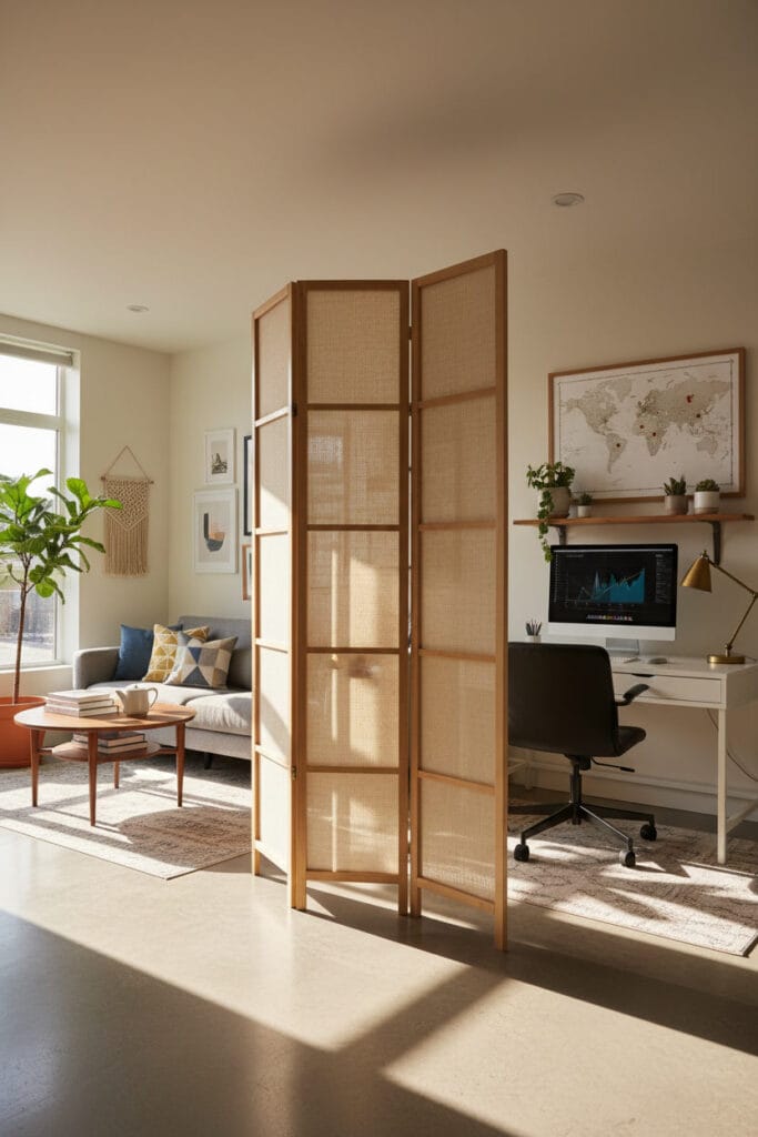Aménagement de studio avec cloison amovible pour organiser l’espace