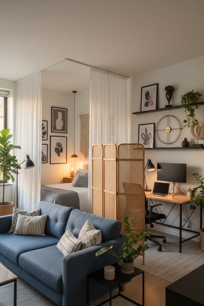 Studio décoré avec une séparation textile légère et élégante