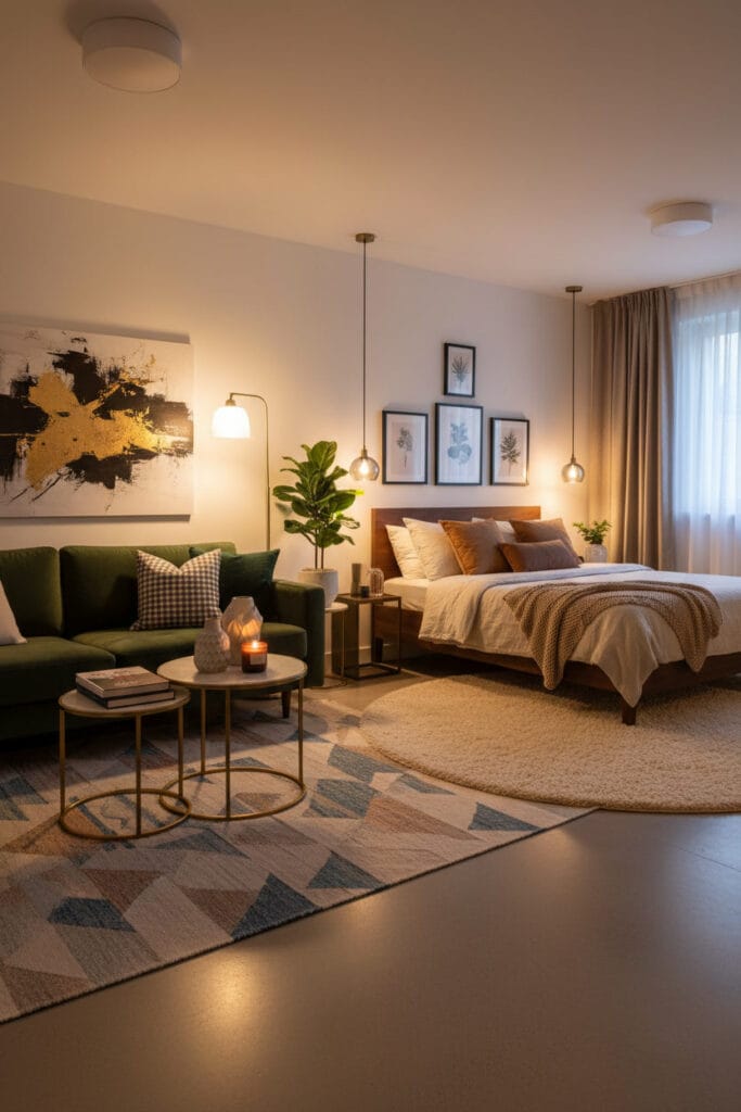 Studio organisé grâce à des tapis qui structurent les espaces