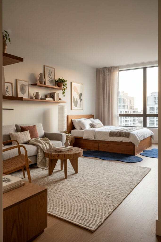 Aménagement de studio avec tapis créant des zones distinctes