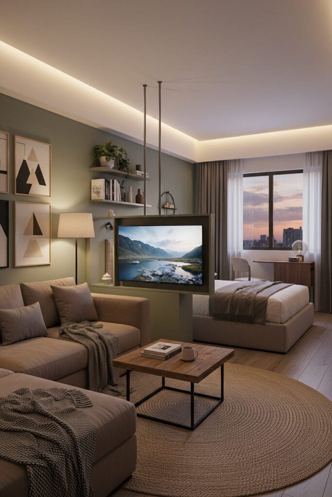 Aménagement de studio avec meubles polyvalents pour séparer les zones