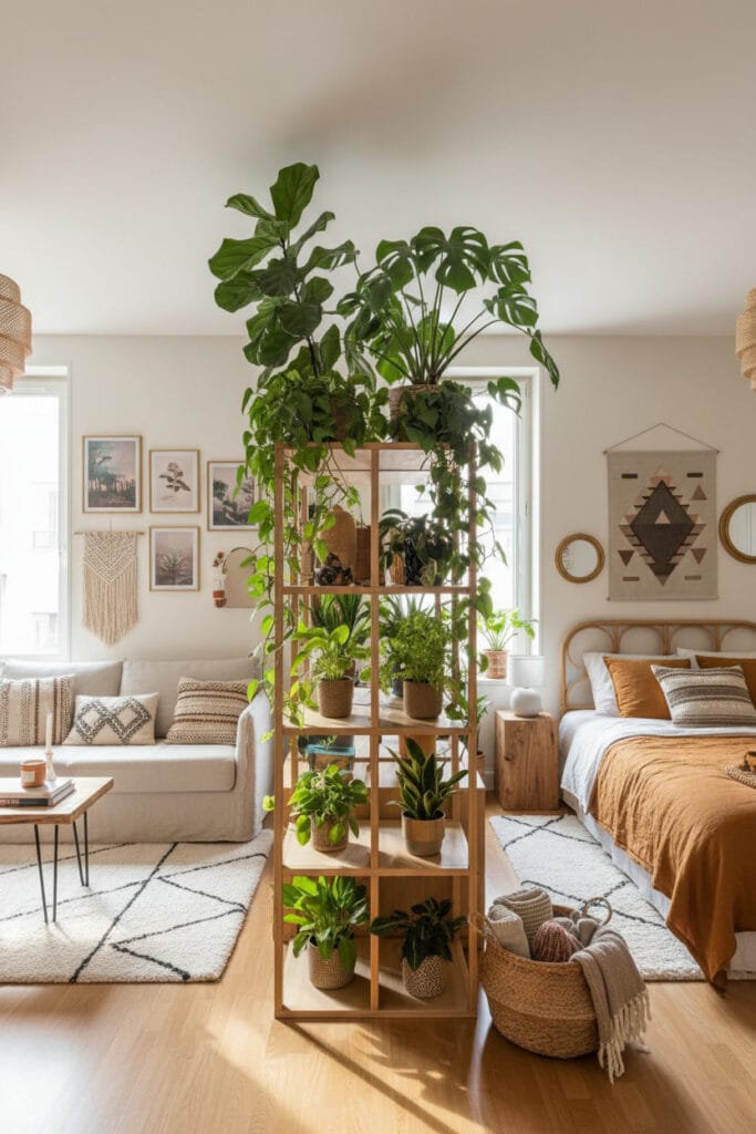 Studio décoré avec des plantes pour créer des zones distinctes