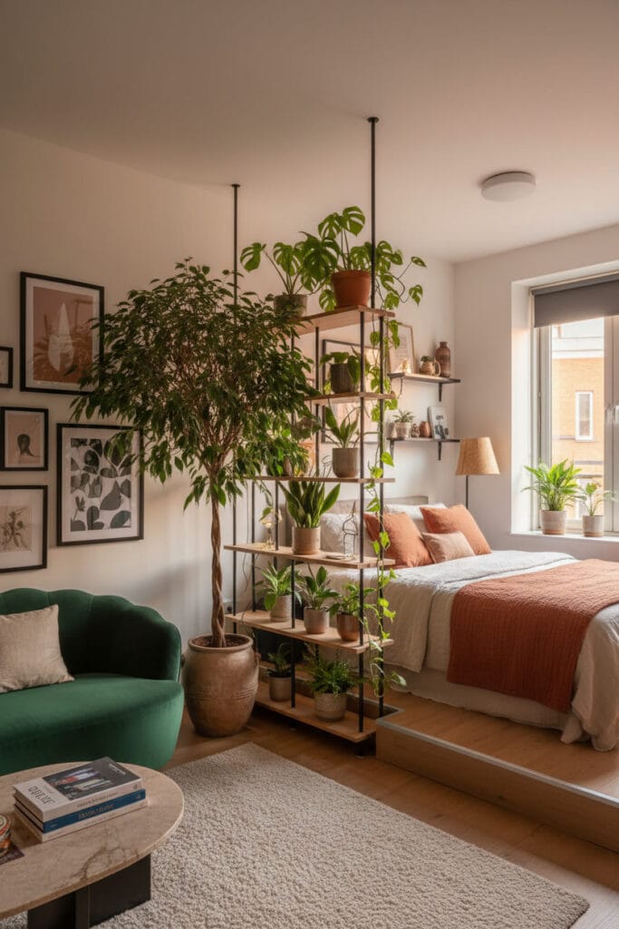 Aménagement de studio avec plantes utilisées comme séparation naturelle