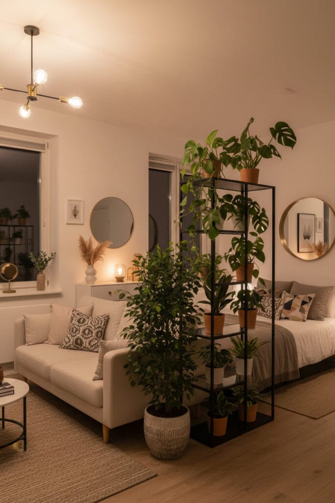 Studio avec étagère à plantes pour délimiter les zones