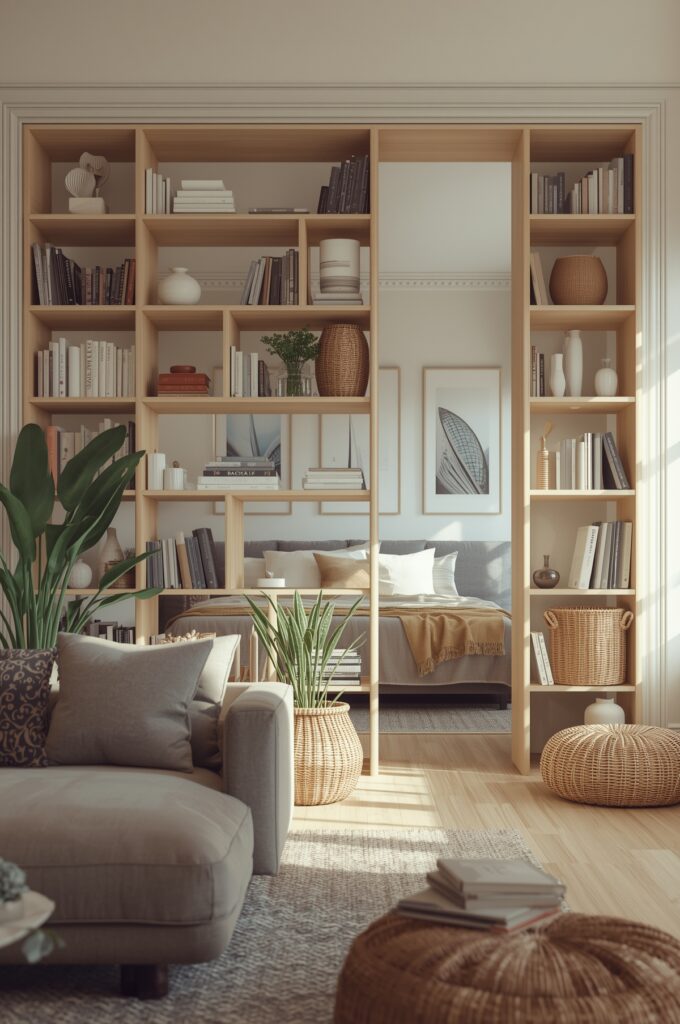 Aménagement de studio avec étagère ouverte comme séparateur d'espace