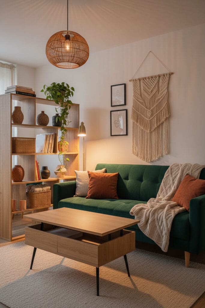Aménagement studio boho-chic moderne avec canapé-lit multifonctionnel, table basse à rangement, étagère-diviseuse et décoration murale macramé, ambiance cocooning.