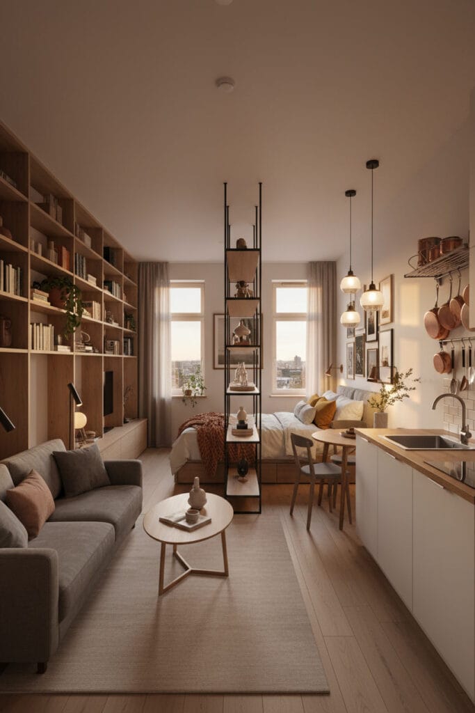 Vue complète d'un petit studio urbain moderne illustrant l'optimisation de l'espace vertical avec étagères murales, séparation de pièce, rangement de cuisine suspendu et galerie murale.