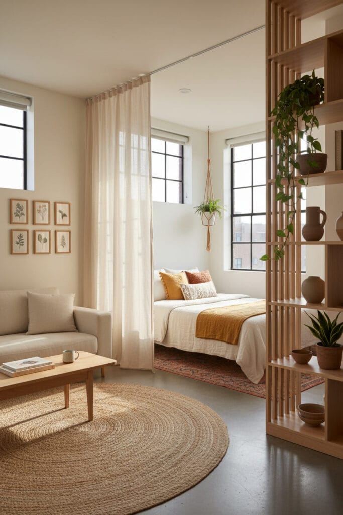 Aménagement studio scandinave bohème séparant les espaces sans cloison avec une bibliothèque ouverte, des rideaux en lin et des tapis de délimitation.
