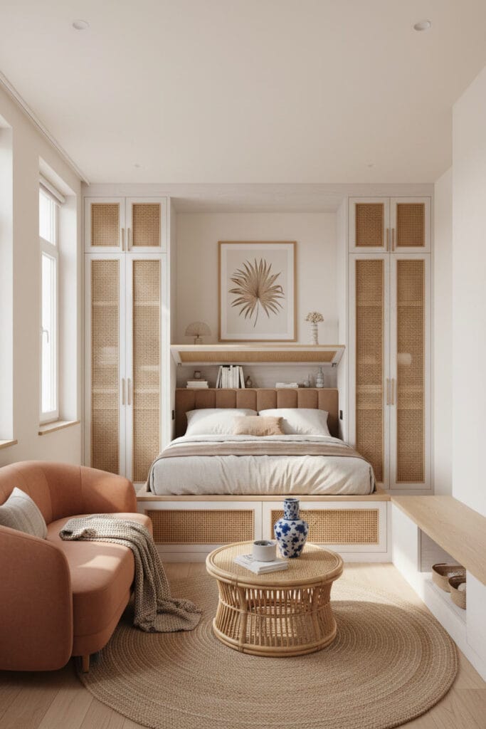Vue complète d'un petit studio moderne méditerranéen avec rangements intégrés : armoires en bois blanc, tête de lit coffrée et banc de stockage, intérieur ensoleillé et équilibré.