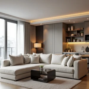 Un studio moderne optimisé grâce à un aménagement studio intelligent, avec un canapé en L, des rangements astucieux et une lumière naturelle abondante, créant un espace cosy et fonctionnel.