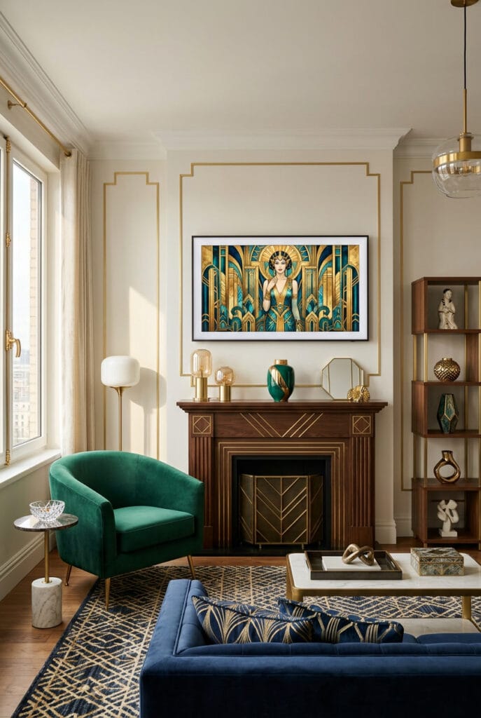 Salon sophistiqué avec tableau sur TV en style art déco