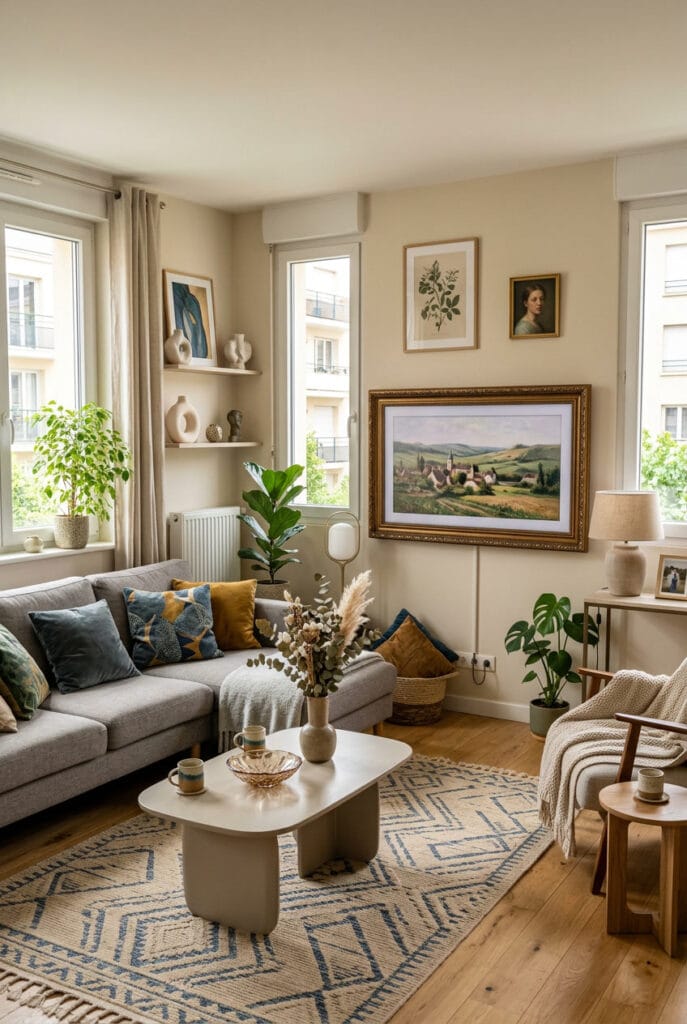 Tableau sur TV encadré physiquement pour un effet authentique dans un salon