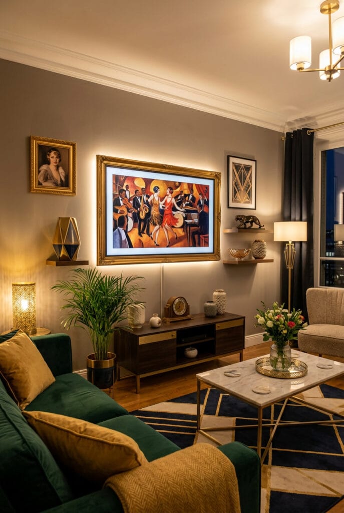 Tableau sur TV entouré de cadres photos et éclairages LED en effet galerie