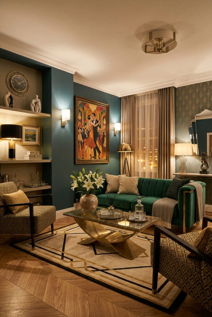 Tableau sur TV aux motifs géométriques et couleurs riches dans un salon élégant