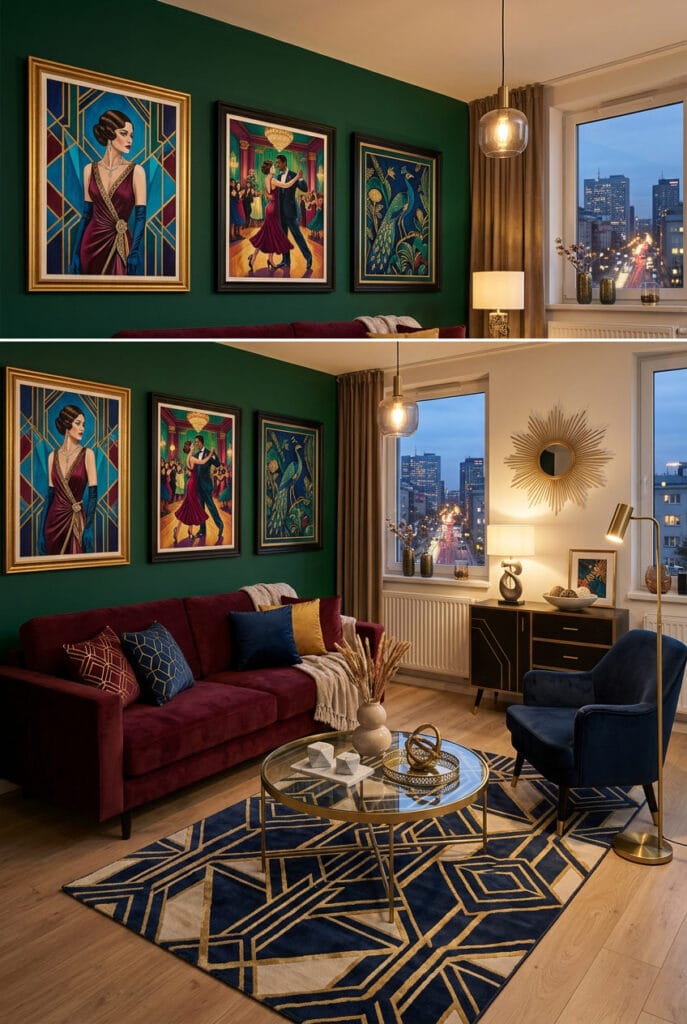 Tableau sur TV aux teintes bleu nuit et vert émeraude dans un salon chaleureux
