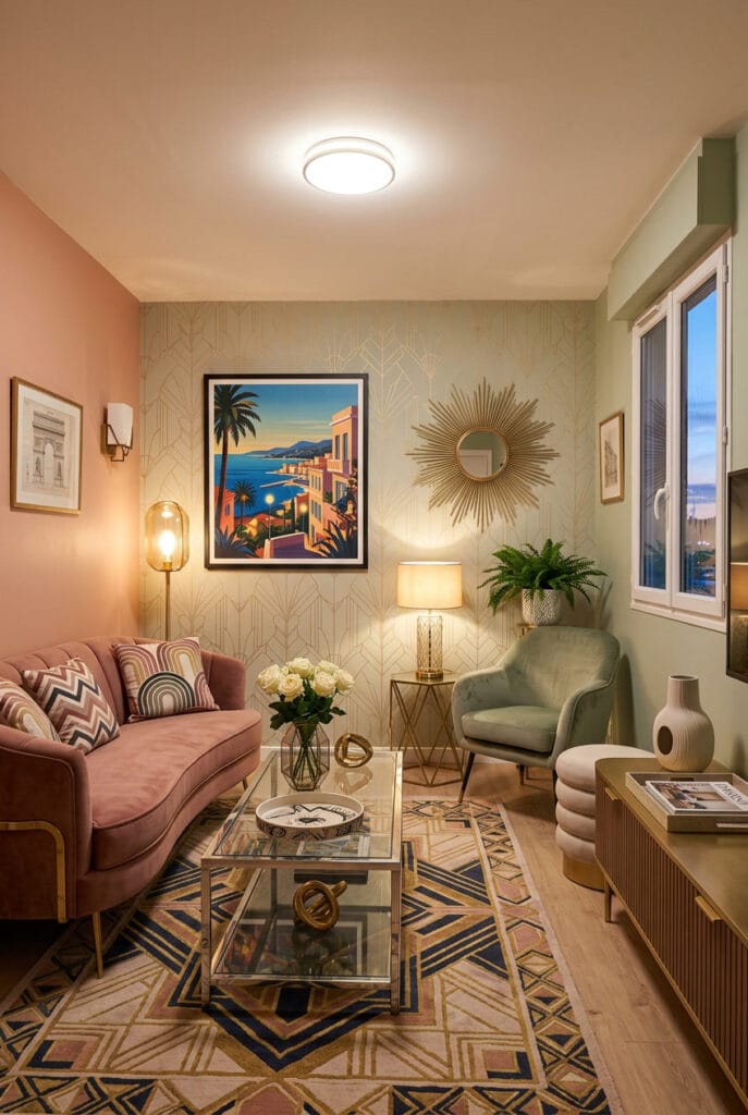 Tableau sur TV aux tons pastel dans un salon minimaliste