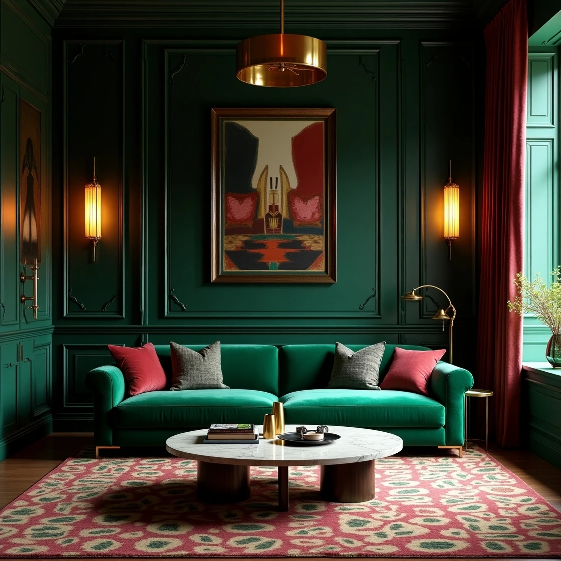 Style Art Deco : un salon élégant avec un canapé en velours, des accents dorés et des motifs géométriques pour une ambiance sophistiquée.
