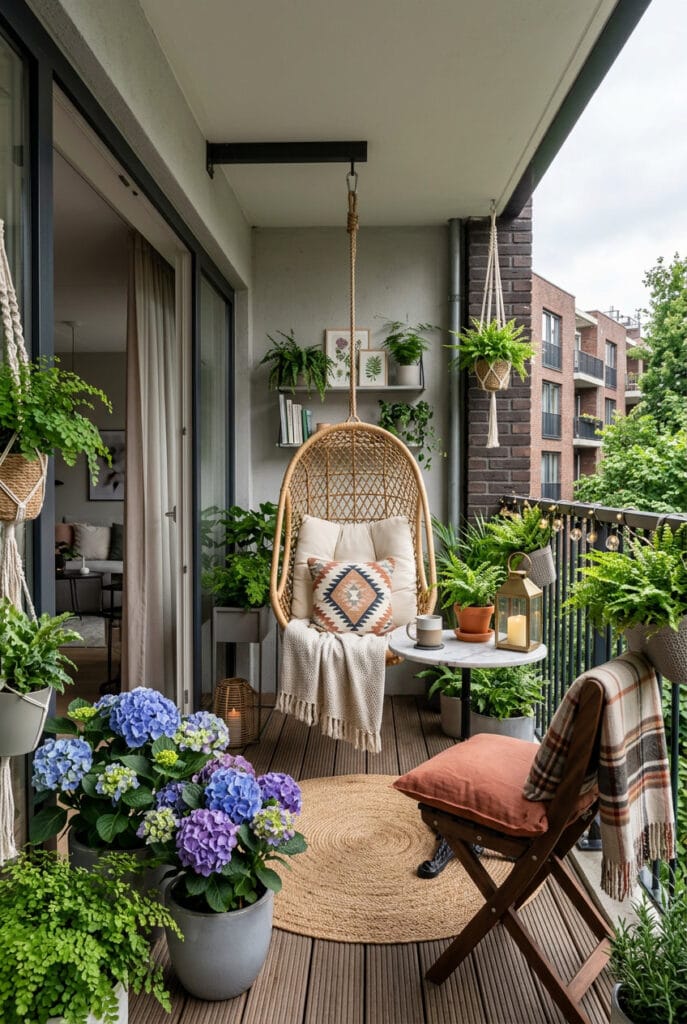 Balcon ombragé avec fougères et hortensias luxuriants