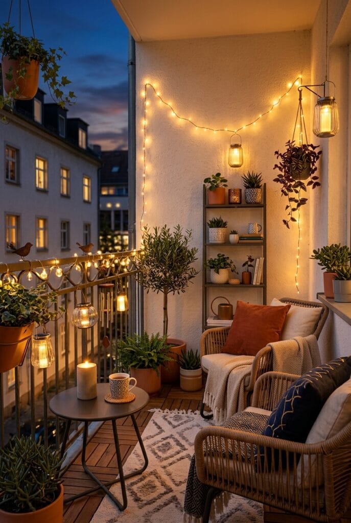 Petit balcon décoré de lanternes et bougies LED à la tombée de la nuit