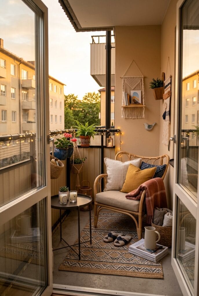 Coin détente cosy sur petit balcon avec coussins et tapis d'extérieur
