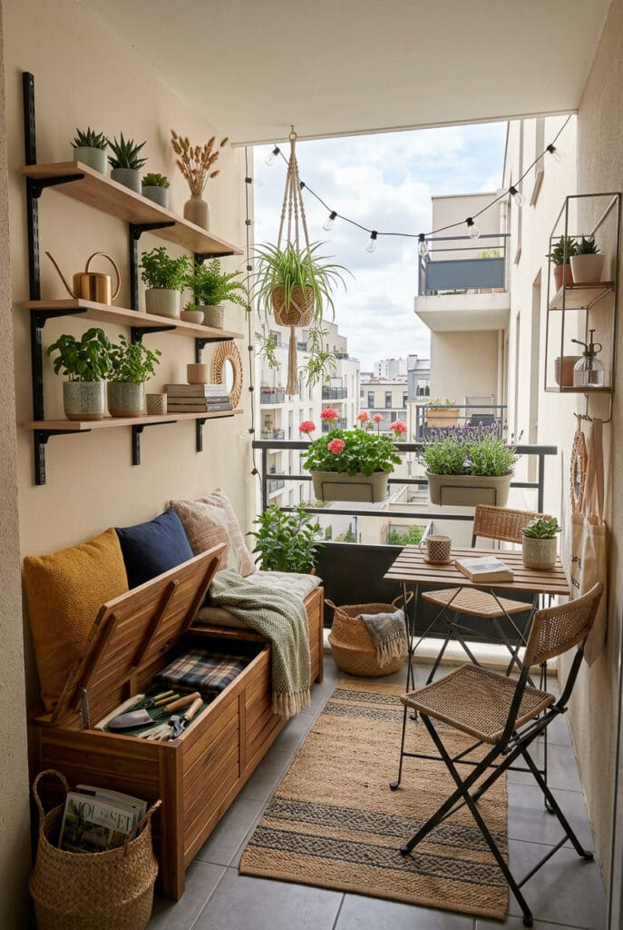 Balcon extérieur avec solutions de rangement intégrées et décoratives