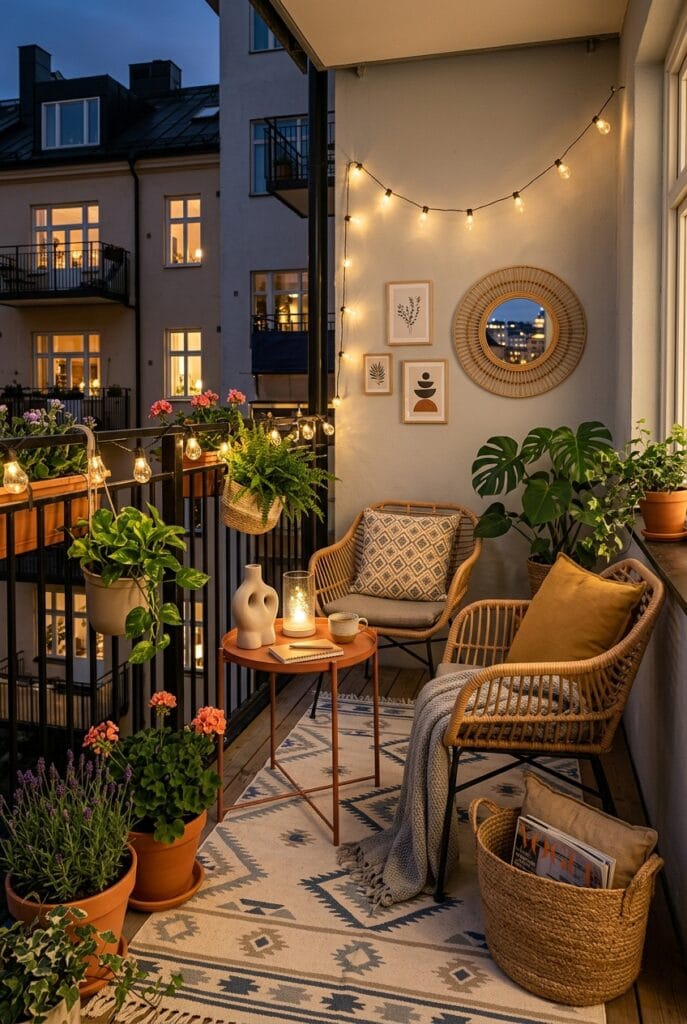 Petit balcon cosy avec décoration personnalisée et touches colorées
