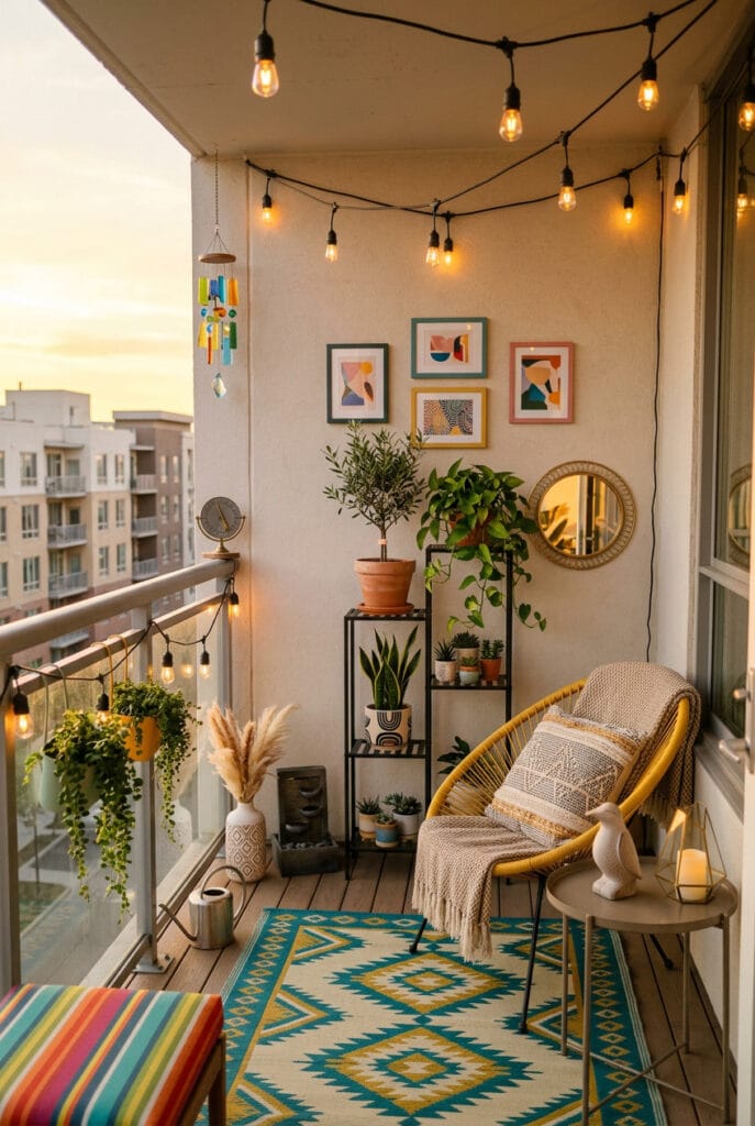 Balcon personnalisé avec accessoires décoratifs colorés et originaux