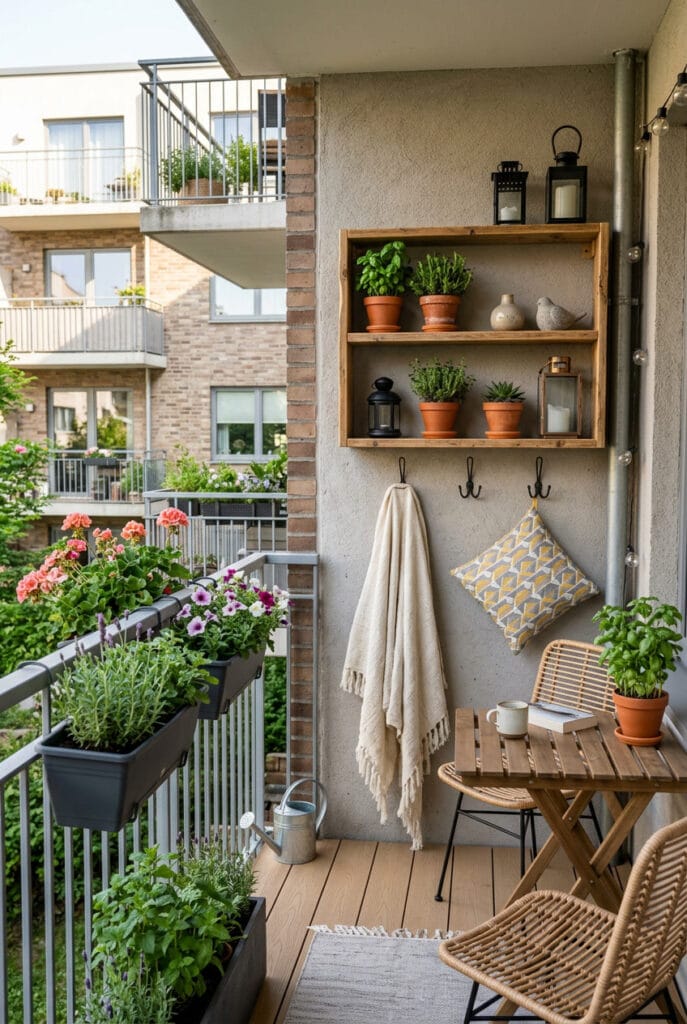 Balcon cosy avec murs aménagés et décoration verticale