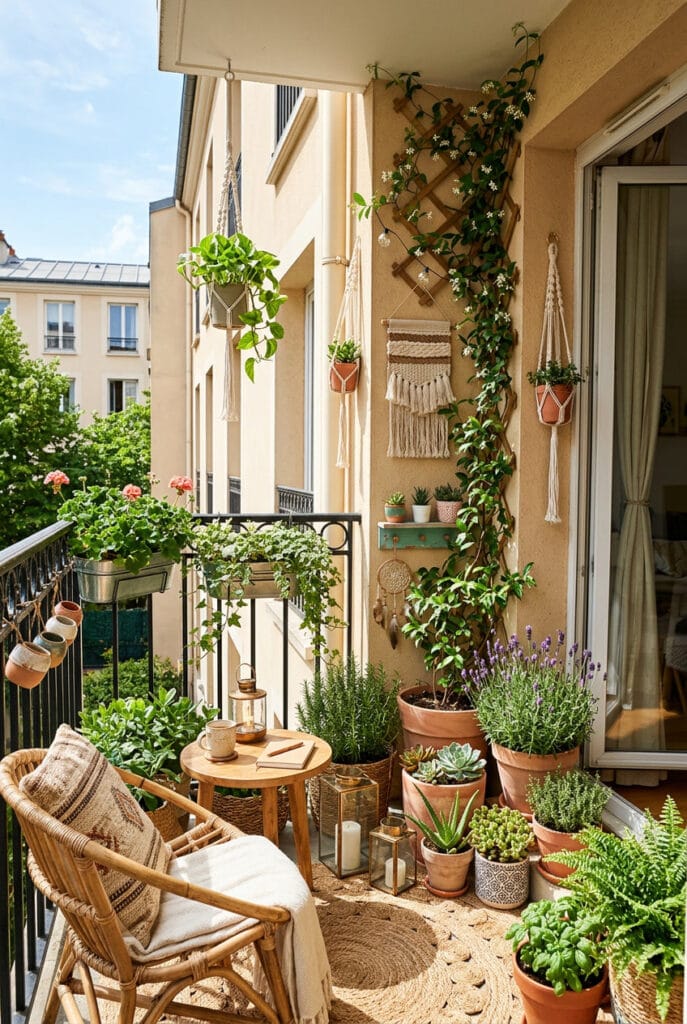 Petit balcon verdoyant avec plantes variées et fleuries