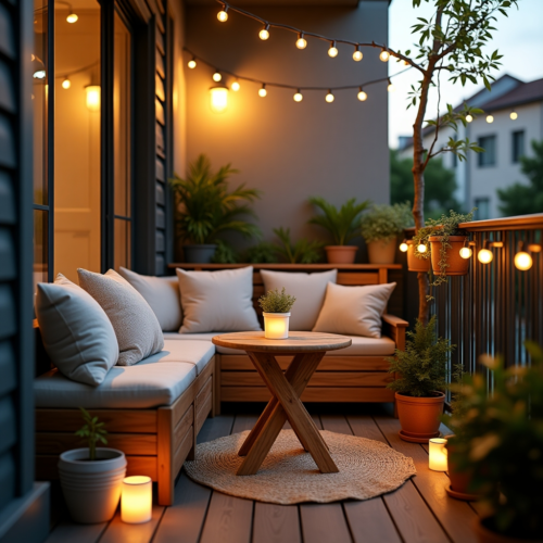 Aménager un Petit Balcon avec des meubles en bois, des coussins confortables, des plantes et des guirlandes lumineuses pour un espace cosy et fonctionnel.