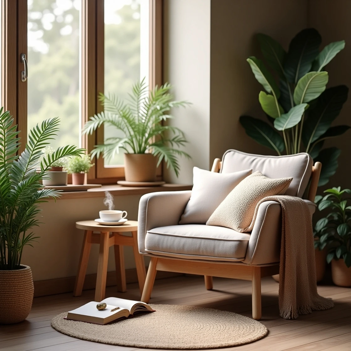 Un salon cosy avec un fauteuil confortable, des plantes d’intérieur, un éclairage doux et un coin méditation, illustrant une ambiance apaisante pour une routine de bien etre à la maison.