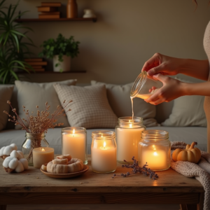 Fabriquer des bougies maison : une table en bois avec des bocaux en verre, des ingrédients naturels comme de la cire, des huiles essentielles, et des mains versant de la cire fondue, dans un intérieur cozy et chaleureux.