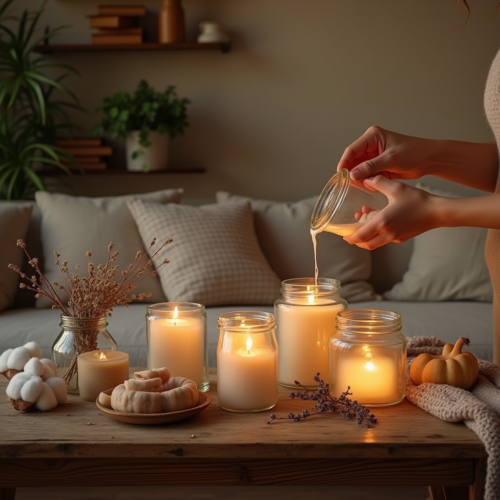 Fabriquer des bougies maison : une table en bois avec des bocaux en verre, des ingrédients naturels comme de la cire, des huiles essentielles, et des mains versant de la cire fondue, dans un intérieur cozy et chaleureux.
