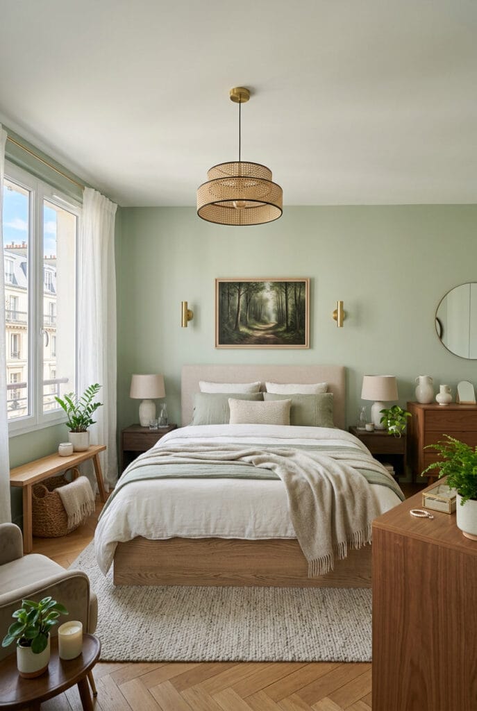 chambre a coucher aux teintes vert tendre et beige, une ambiance douce et apaisante pour bien dormir