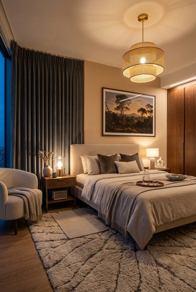 chambre a coucher avec double vitrage, tapis épais et rideaux lourds pour une isolation phonique optimale