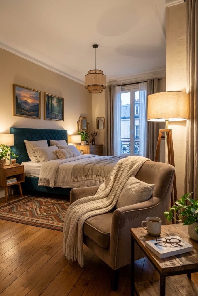 chambre a coucher avec coin détente, fauteuil confortable, plaid doux et lampe tamisée pour un rituel du soir apaisant