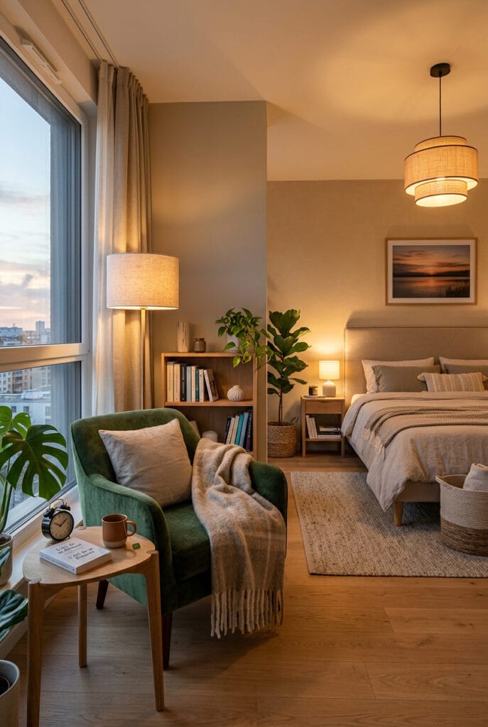 chambre a coucher avec petite bibliothèque et livre pour un rituel du soir sans écrans, propice au sommeil