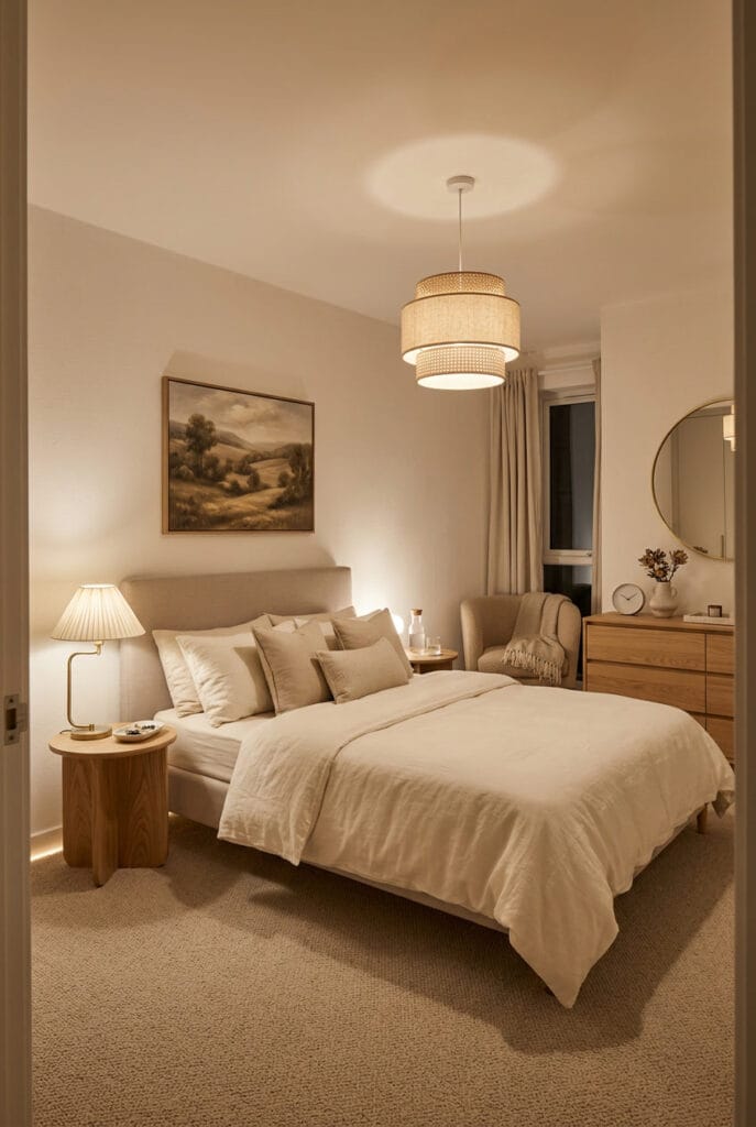 chambre a coucher aux tons clairs sur murs et literie, une atmosphère cocooning et spacieuse