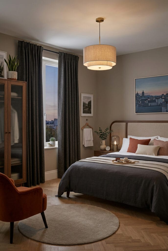 chambre a coucher avec rideaux occultants plongeant la pièce dans une obscurité totale et apaisant