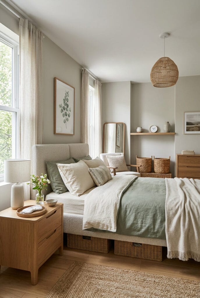 chambre a coucher organisée avec paniers en osier, étagères flottantes et rangements discrets pour un espace épuré