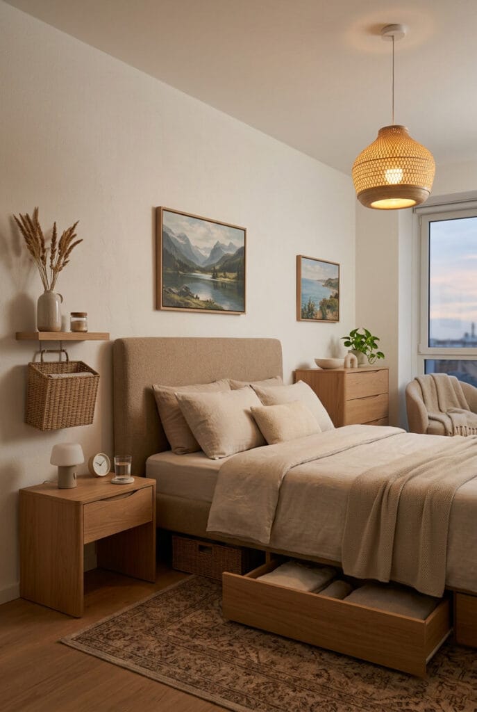 chambre a coucher avec meubles épurés et table de chevet à tiroir pour un espace propre et harmonieux