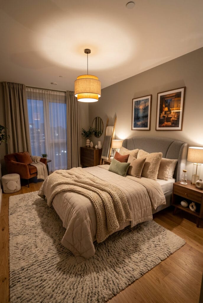 chambre a coucher avec coussins moelleux, couverture en laine et tapis doux pour une ambiance cocooning et sécurisante