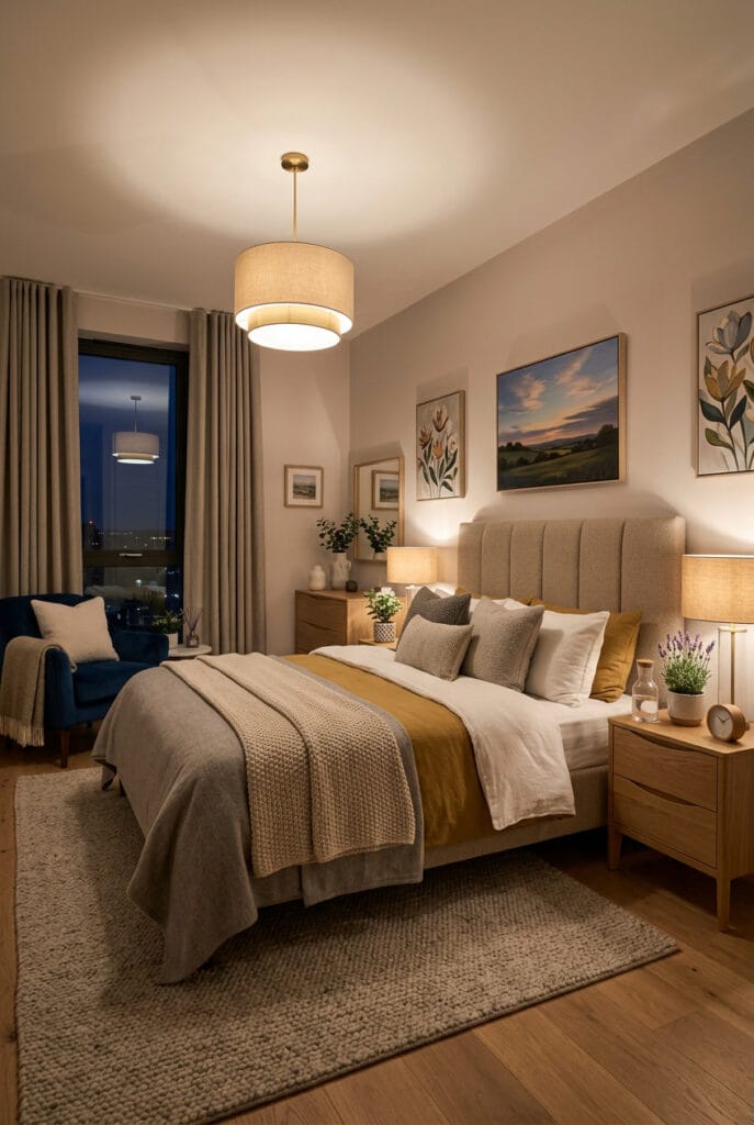 chambre a coucher avec draps en coton bio, lin respirant et plantes comme la lavande pour un air purifié