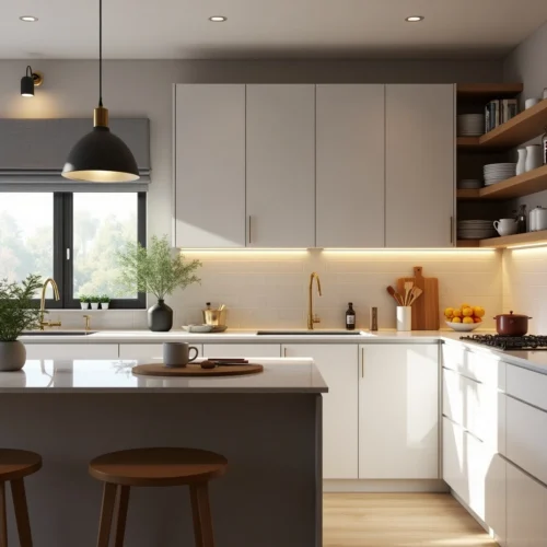 eclairage cuisine moderne avec îlot central, bandes LED sous les placards et suspension design pour une ambiance lumineuse et fonctionnelle