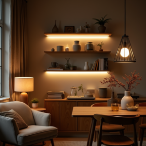 Éclairage Intérieur chaleureux dans un salon cosy, avec une lampe d’appoint, une suspension, des LED sous les étagères et des guirlandes lumineuses créant une ambiance douce et harmonieuse.