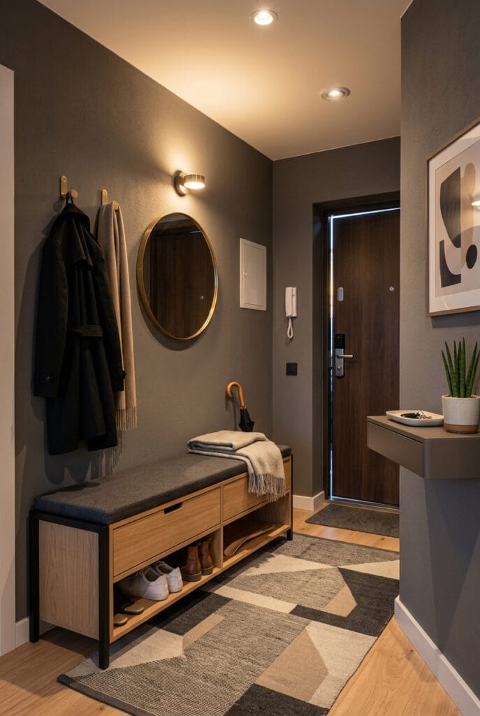 Banc avec rangement intégré dans une entrée fonctionnelle