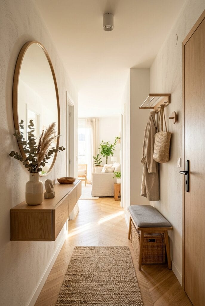 Entrée ouverte et lumineuse grâce aux miroirs et à l'éclairage