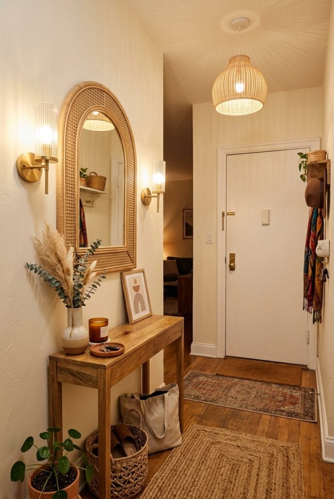 Entrée éclairée avec miroir décoratif bien placé